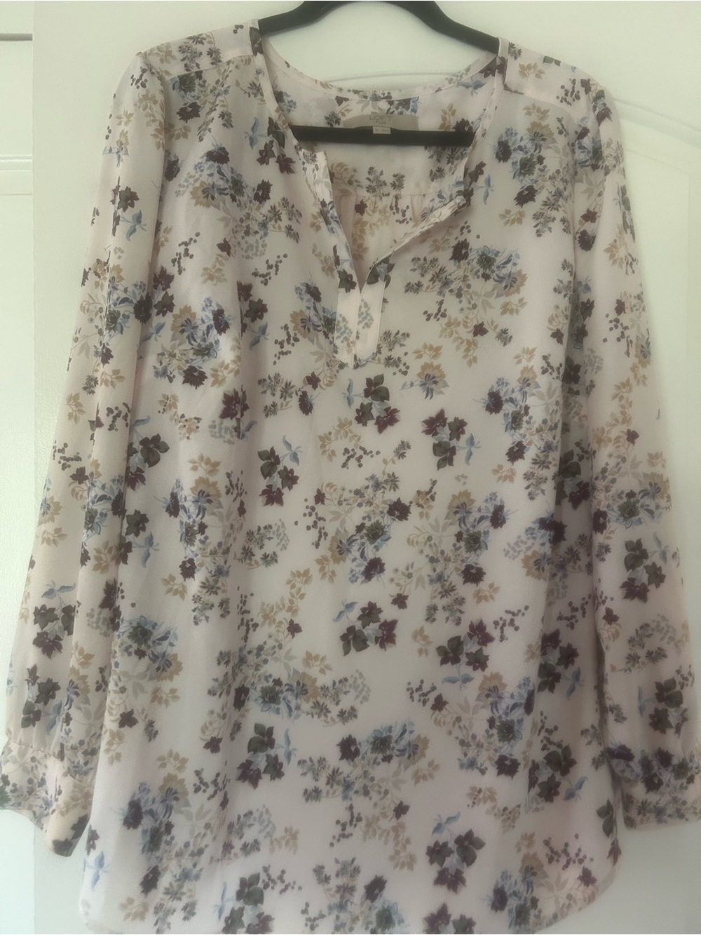 LOFT Cream Floral Split-Neck Blouse